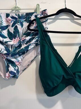 Yonique 18W Plus Size Green Tropical High-Waisted Tummy Control Bikini Set